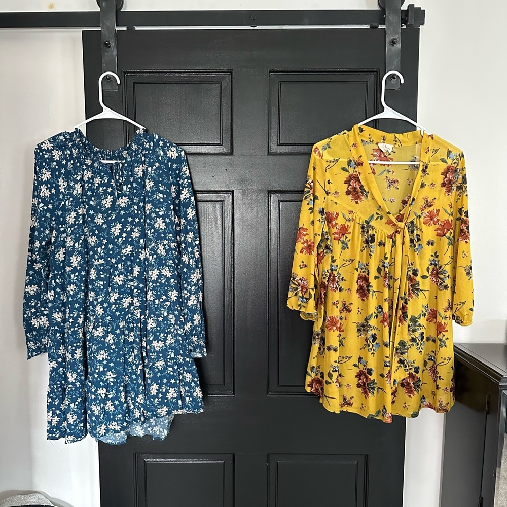 2 items. Blue long sleeve mini dress. Yellow long sleeve shirt.